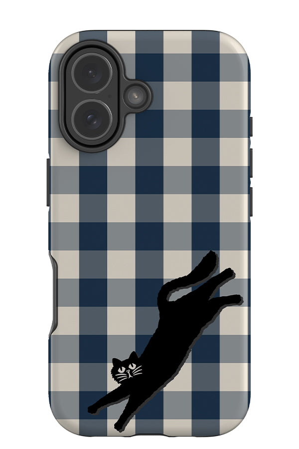 gingham cat tough phone case with a blue and beige gingham pattern and black cat illustration