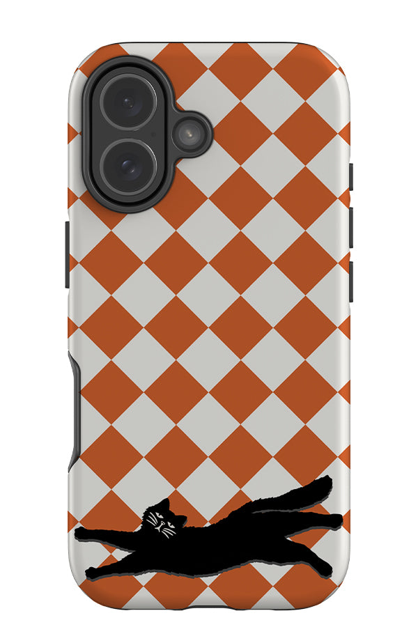 grumpy cat diamond tough phone case with an orange and white diamond check pattern and black cat illustration