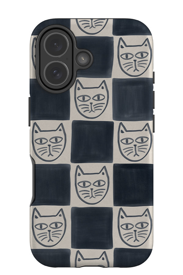 grumpy cat faces check tough phone case with hand painted blue and beige checks with cat illustrations
