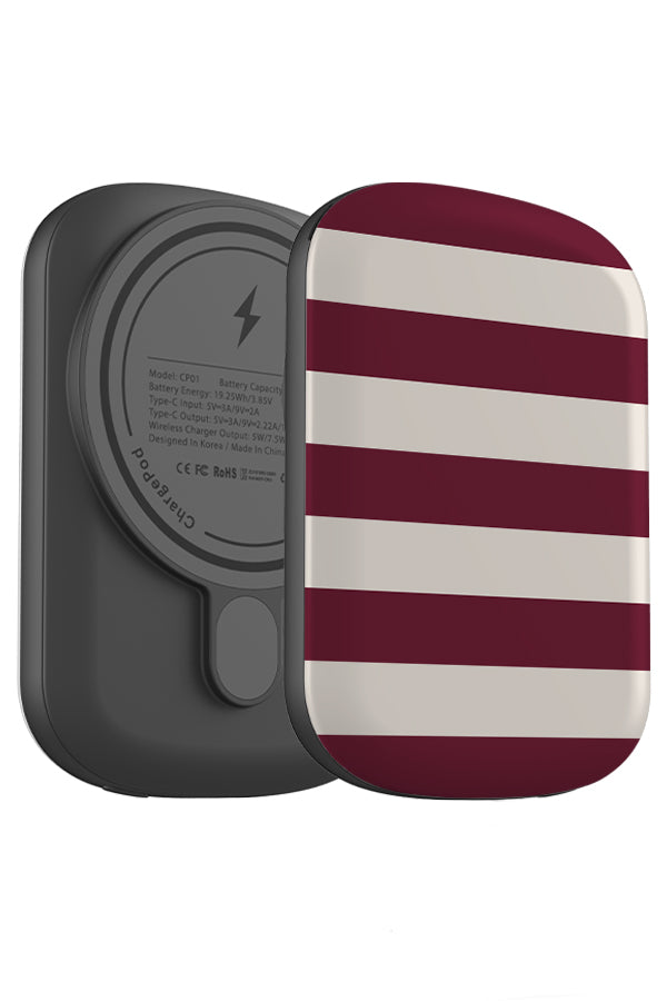 harbour line MagSafe ChargePod power bank angle view with horizontal burgundy red and white stripes
