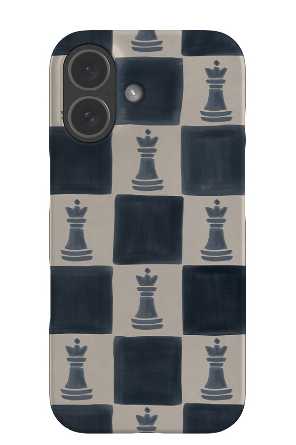 heritage check snap phone case with a blue and beige checkered pattern and chess piece illustrations