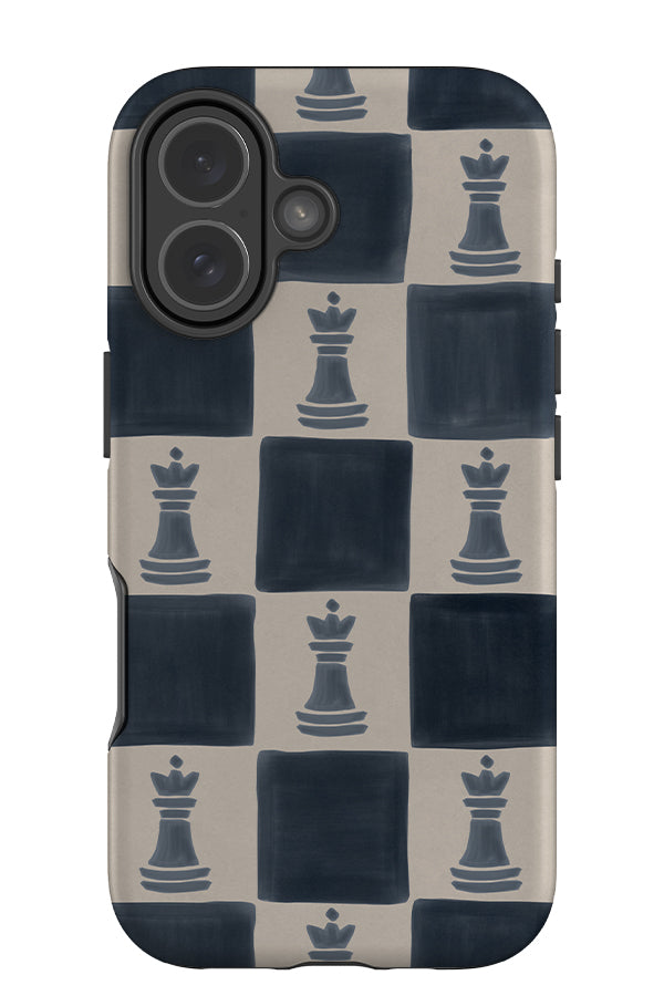 heritage check tough phone case with a blue and beige checkered pattern and chess piece illustrations