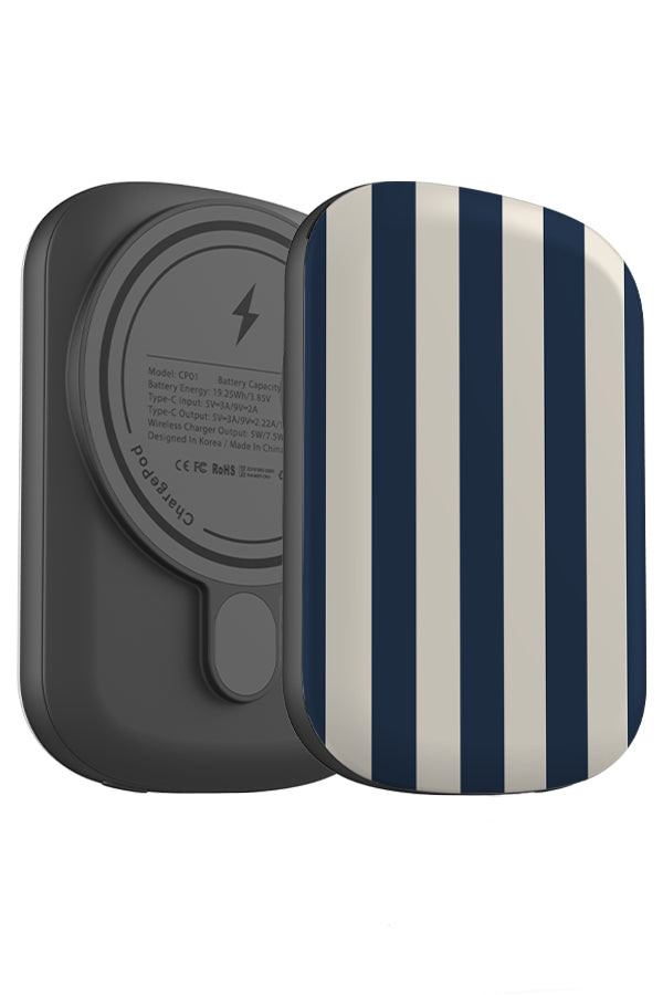 heritage stripe MagSafe ChargePod angle view with navy and beige vertical stripes