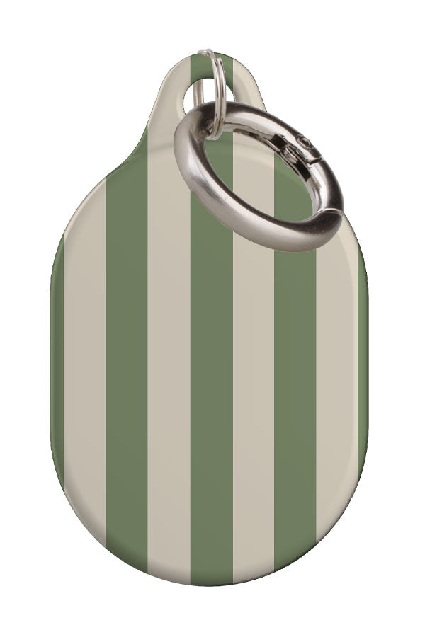 heritage stripe AirTag case back view with green and beige vertical stripes
