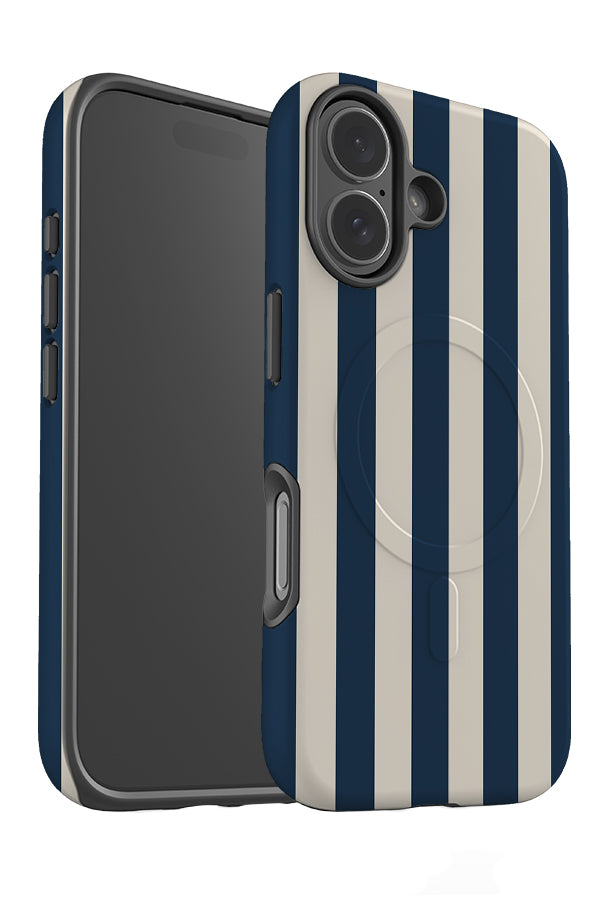 heritage stripe MagSafe phone case angle detail with navy and beige vertical stripes