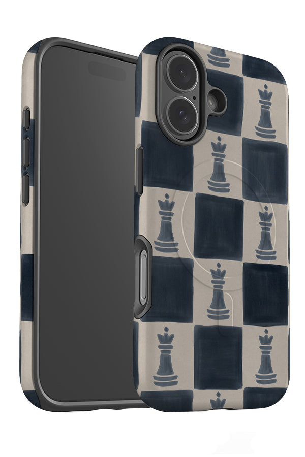 heritage check MagSafe phone case angle detail with a blue and beige checkered pattern and chess piece illustrations