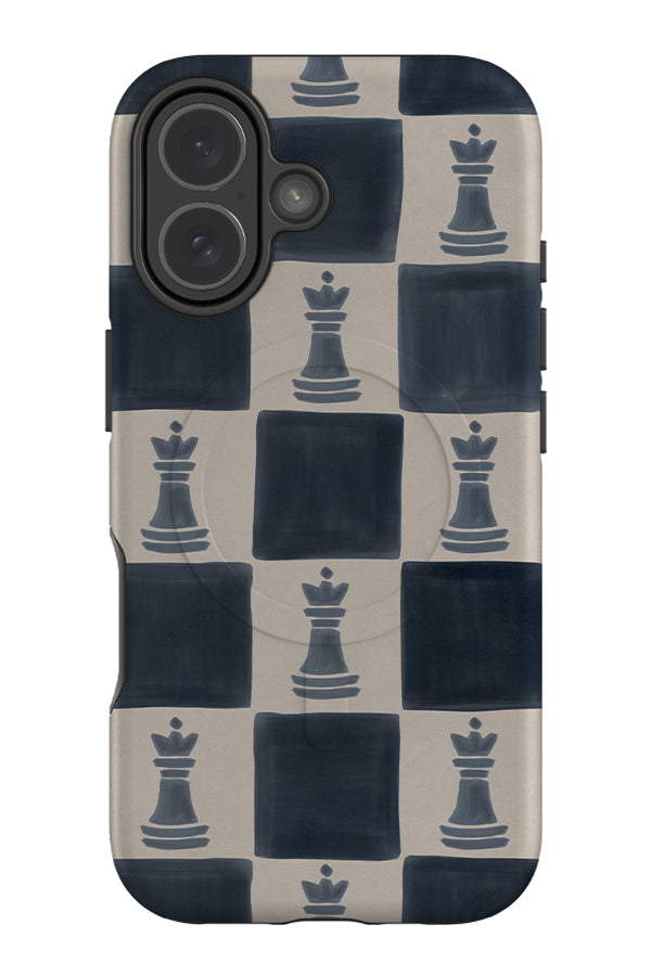heritage check MagSafe phone case with a blue and beige checkered pattern and chess piece illustrations