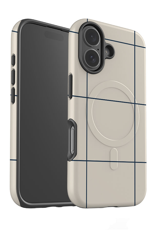 hotel check MagSafe phone case angle detail with a beige base and a fine line grid pattern