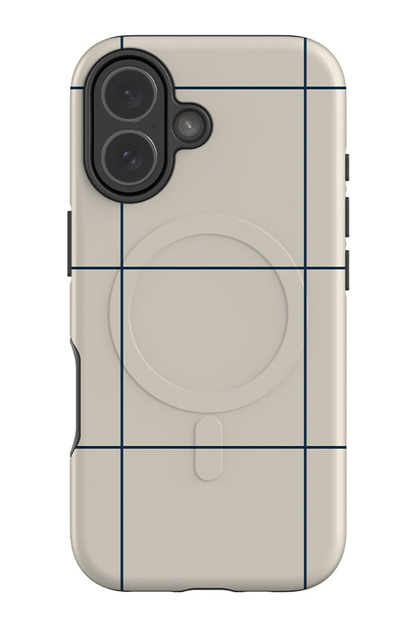 hotel check MagSafe phone case with a beige base and a fine line grid pattern