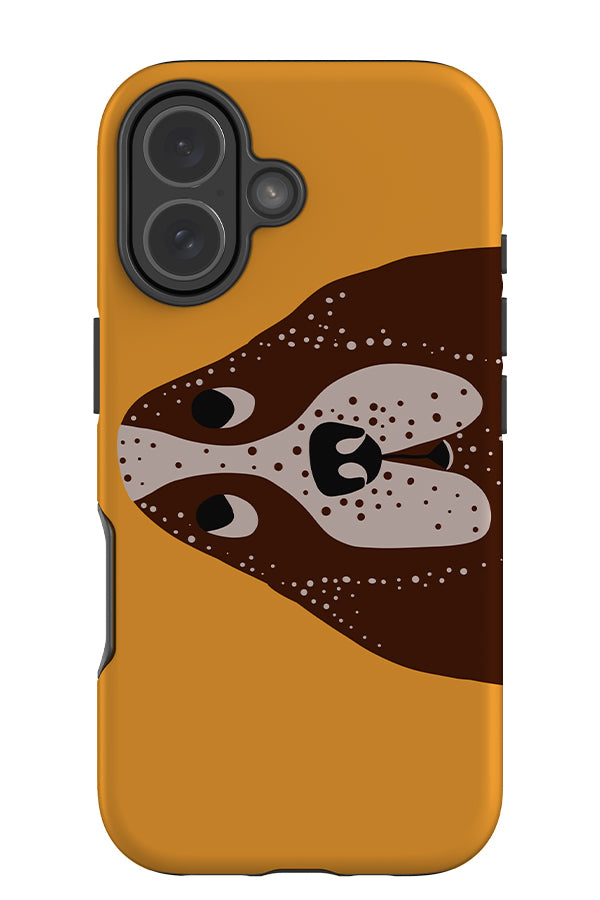 Hound dog tough phone case with a bassett hound poking from the side on a yellow background