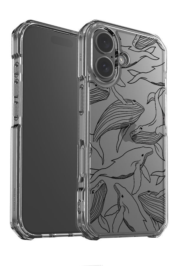 Humpback whale line art clear impact phone case angle detail with line drawing humpback whales in black