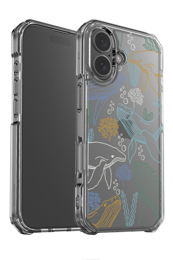 Humpback whale coral reef clear impact phone case angle detail with line drawing humpback whales and ocean plants in blue, green, yellow and white