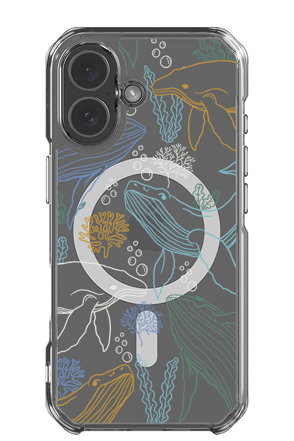 Humpback whale coral reef clear impact MagSafe phone case with line drawing humpback whales and ocean plants in blue, green, yellow and white