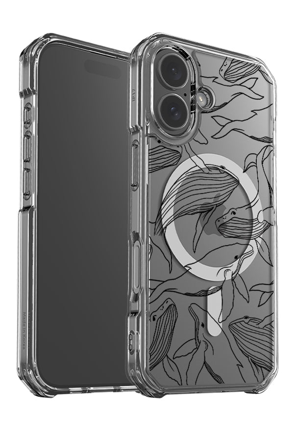Humpback whale line art clear impact MagSafe phone case angle detail with line drawing humpback whales in black