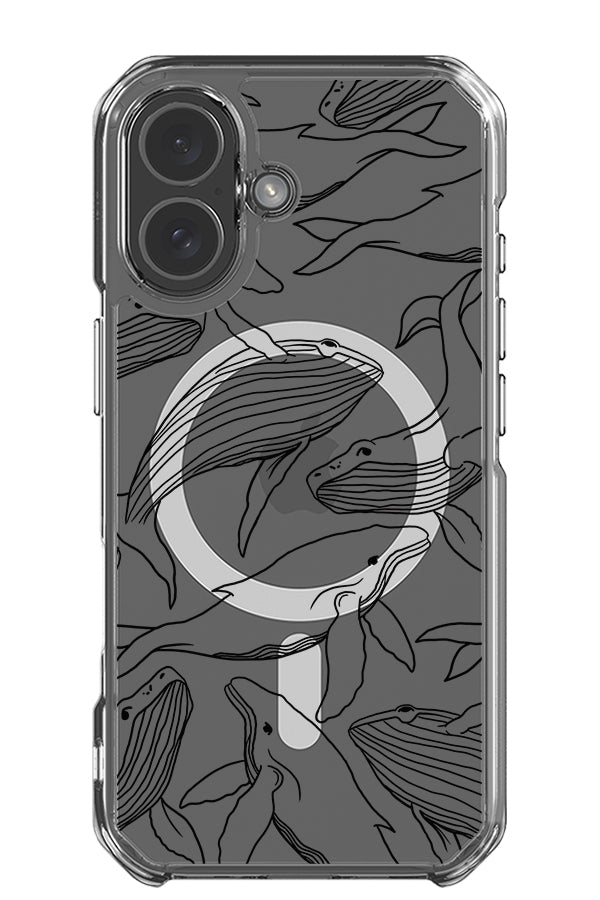 Humpback whale line art clear impact MagSafe phone case with line drawing humpback whales in black