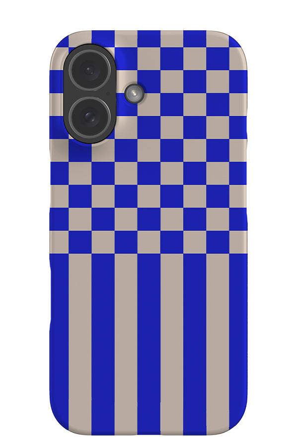hybrid check snap phone case with a check and stripe pattern in blue and beige