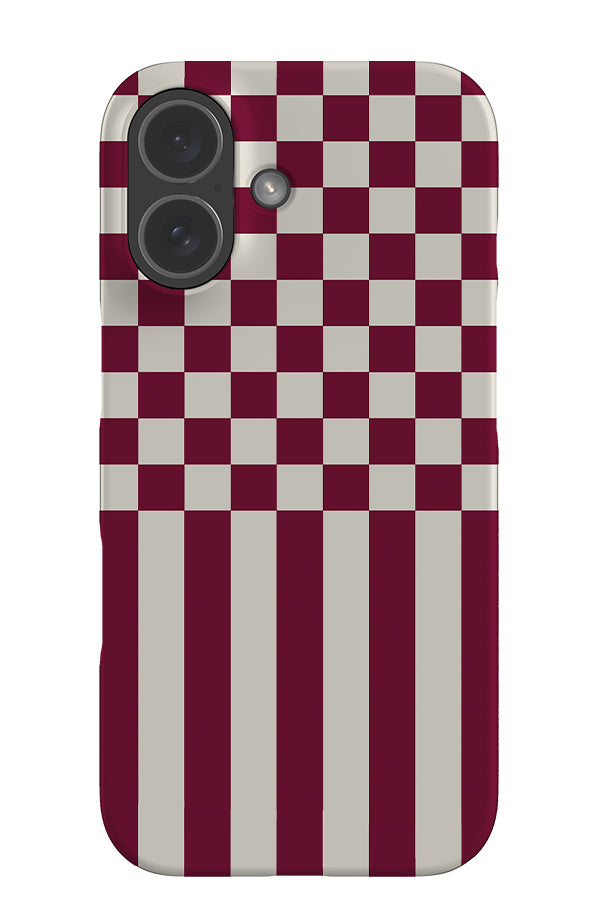 hybrid check snap phone case with a check and stripe pattern in red and white