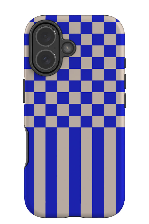 hybrid check tough phone case with a check and stripe pattern in blue and beige