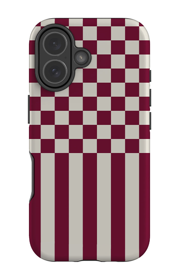 hybrid check tough phone case with a check and stripe pattern in red and white