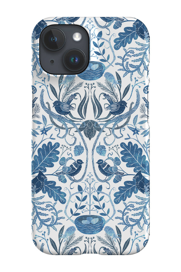 Birds in a Thicket Woodland Damask by Michele Norris Phone Case (Blue)
