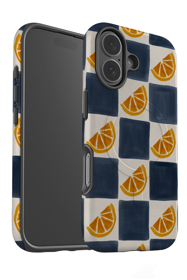 lemon marker check MagSafe phone case angle detail with blue and beige checks with lemon illustrations