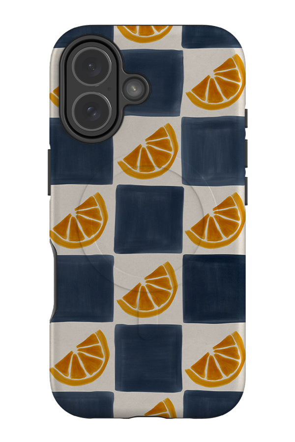 lemon marker check MagSafe phone case with blue and beige checks with lemon illustrations