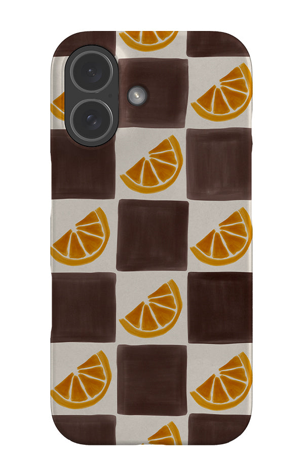 lemon marker check snap phone case with brown and beige checks with lemon illustrations