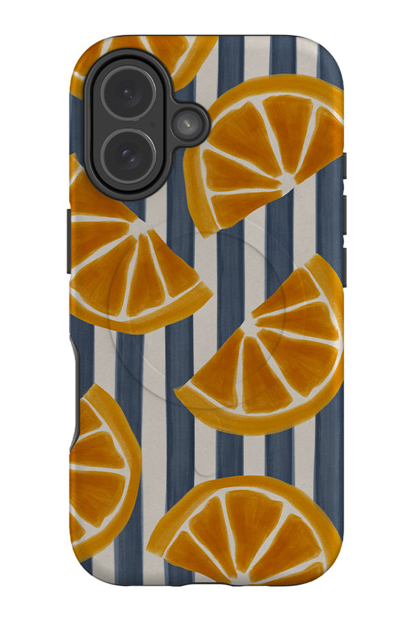lemon marker stripe MagSafe phone case with blue and beige stripes and hand drawn lemon slice illustrations on top