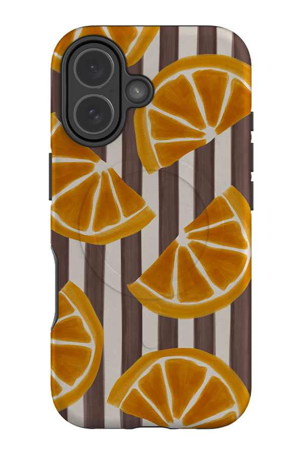 lemon marker stripe MagSafe phone case with brown and beige stripes and hand drawn lemon slice illustrations on top
