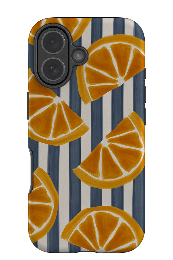 lemon marker stripe tough phone case with blue and beige stripes and hand drawn lemon slice illustrations on top