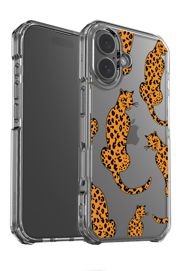 leopard animal clear impact phone case angle detail with leopard illustrations in orange