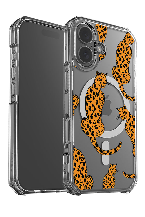 leopard animal clear impact MagSafe phone case angle detail with leopard illustrations in orange