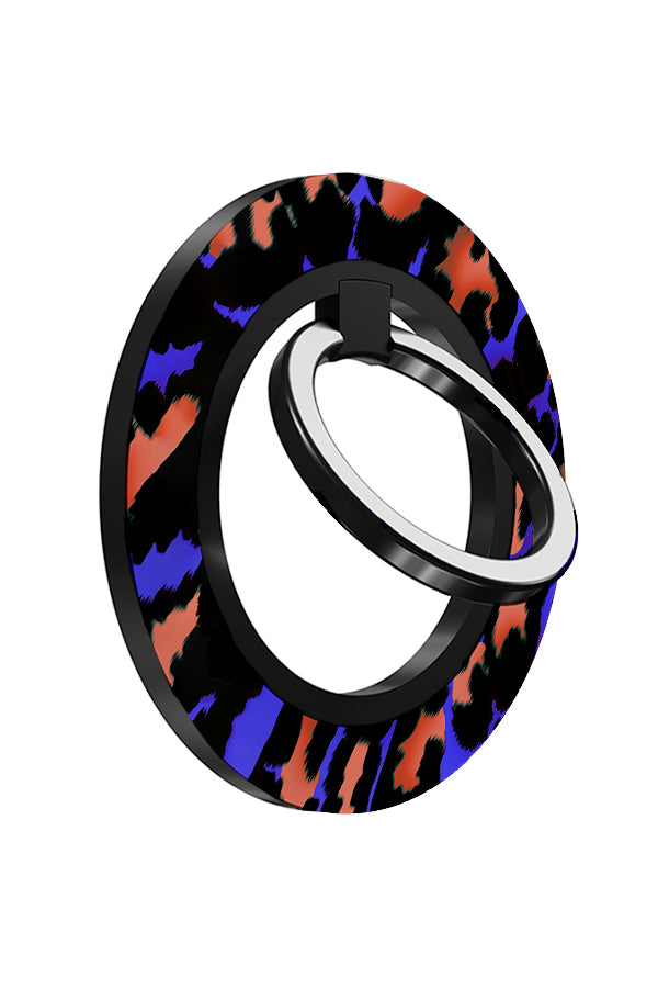 leopard magnetic phone ring holder angle with a colourful leopard print in blue and orange
