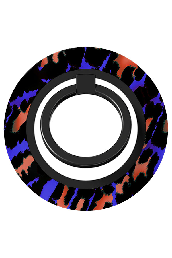 leopard magnetic phone ring holder with a colourful leopard print in blue and orange