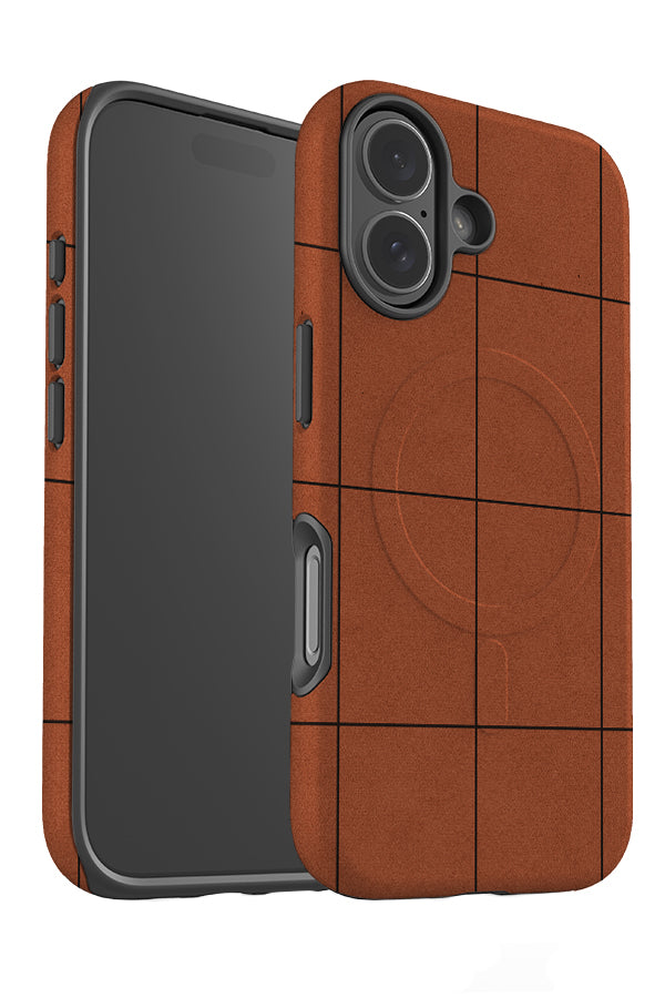 library windowpane grid check MagSafe phone case angle detail with a textured grid check pattern with a light brown base colour and black lines