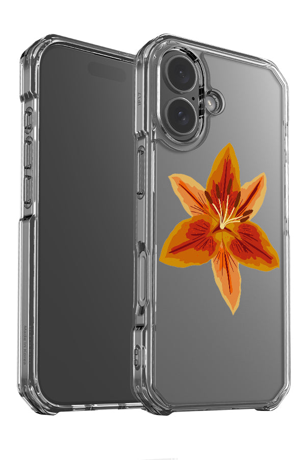 Lily placement clear impact phone case angle detail with a single yellow and orange lily flower 