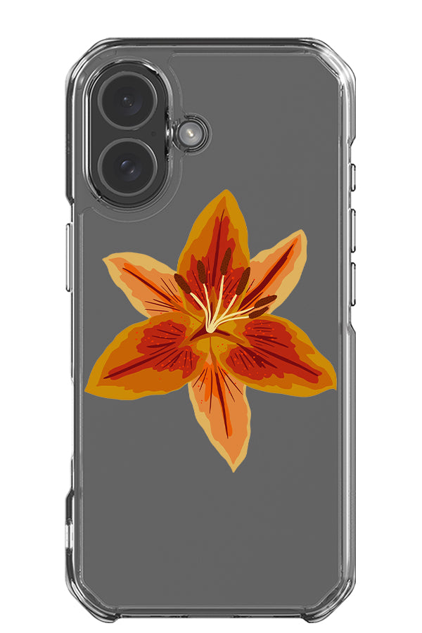 Lily placement clear impact phone case with a single yellow and orange lily flower 