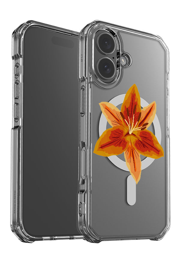 Lily placement clear impact MagSafe phone case angle detail with a single yellow and orange lily flower 