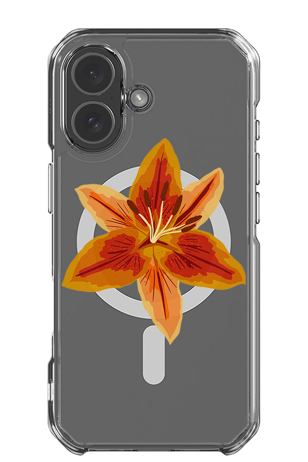 Lily placement clear impact MagSafe phone case with a single yellow and orange lily flower 