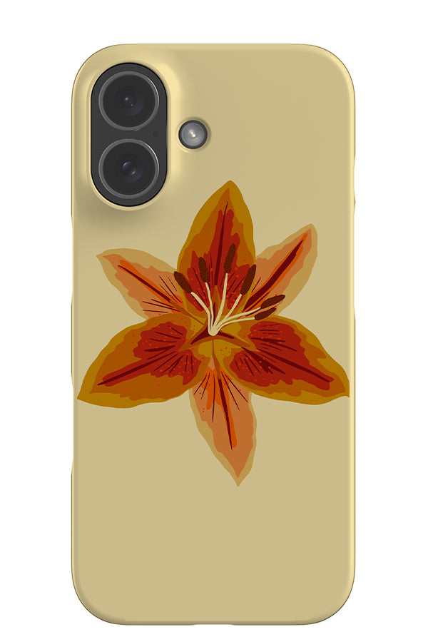 lily placement snap phone case with a detailed orange lily flower illustration with a yellow base