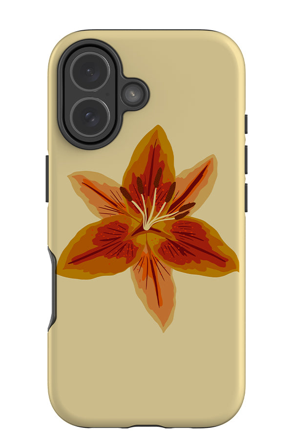 lily placement tough phone case with a detailed orange lily flower illustration with a yellow base