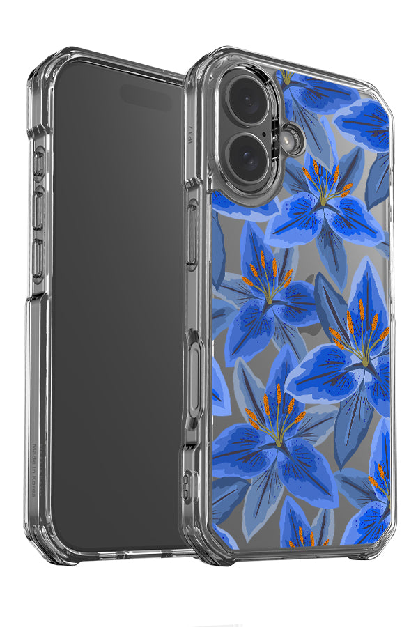 Lily scatter clear impact phone case angle detail with detailed blue lily illustrations
