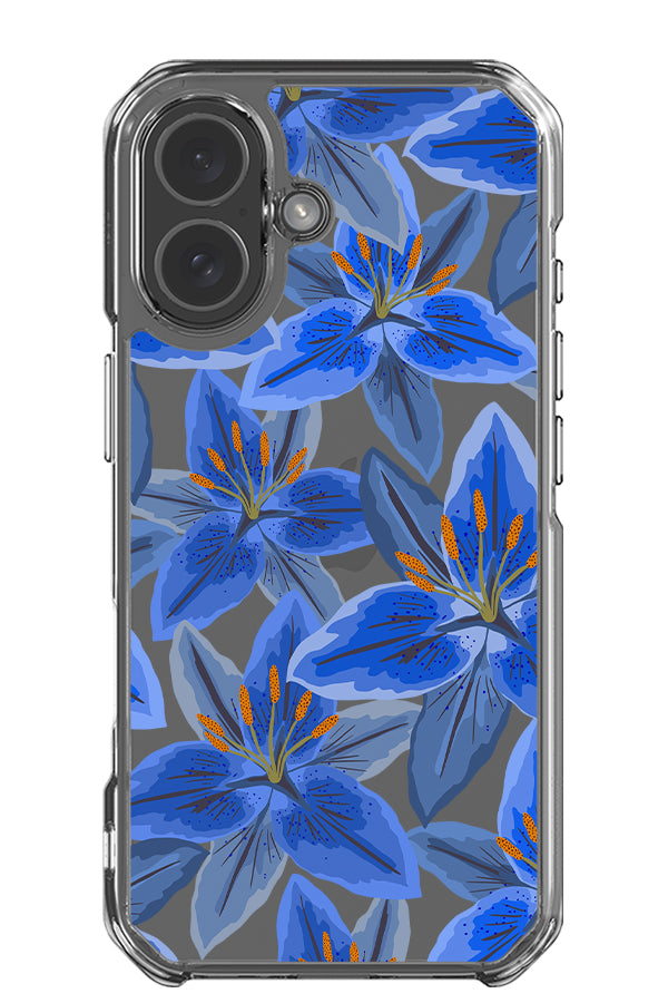 Lily scatter clear impact phone case with detailed blue lily illustrations