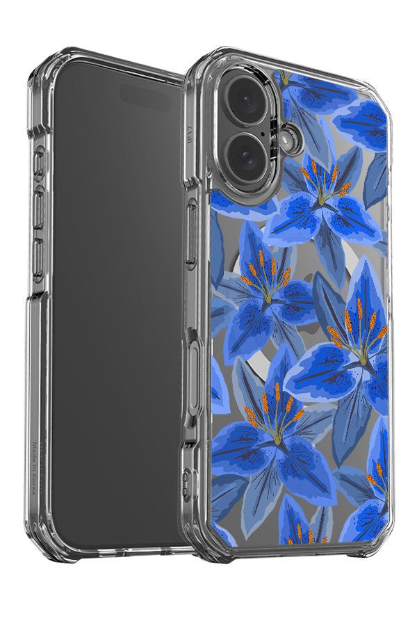 Lily scatter clear impact MagSafe phone case angle with detailed blue lily illustrations