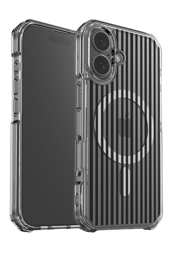 Line Study stripe clear impact MagSafe phone case angle detail with a black linear pattern