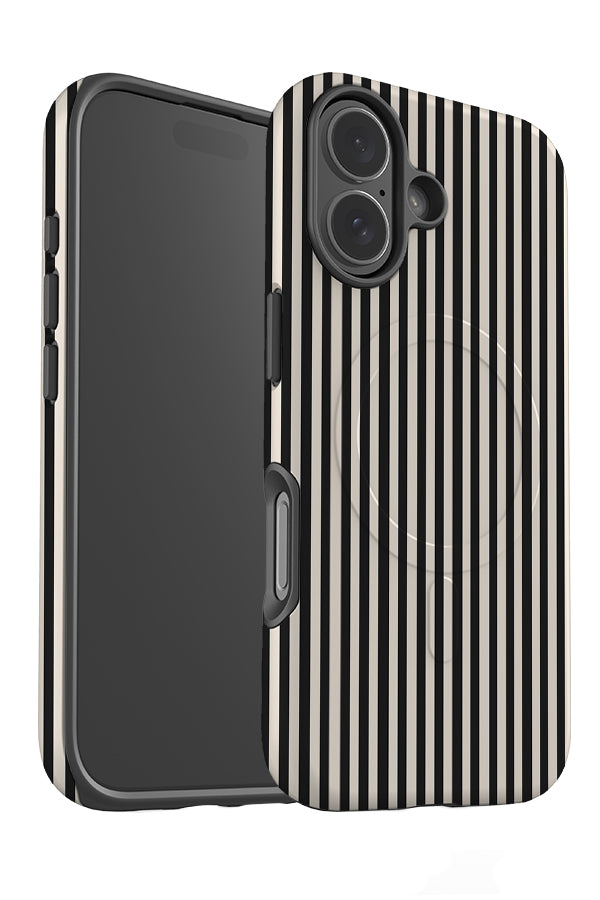 line study stripe magsafe phone case angle detail with beige and black vertical stripes