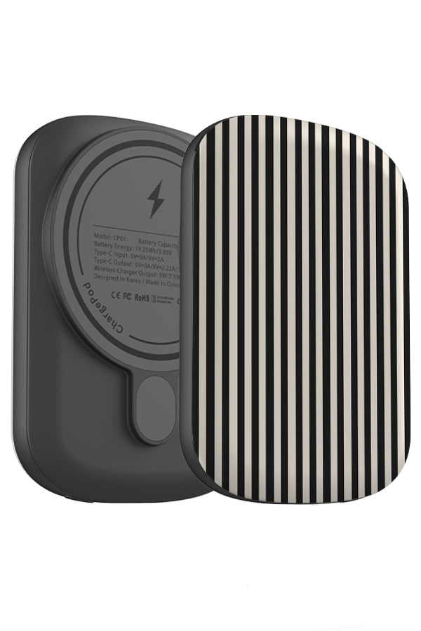 line study stripe MagSafe ChargePod power bank angle view with beige and black vertical stripes