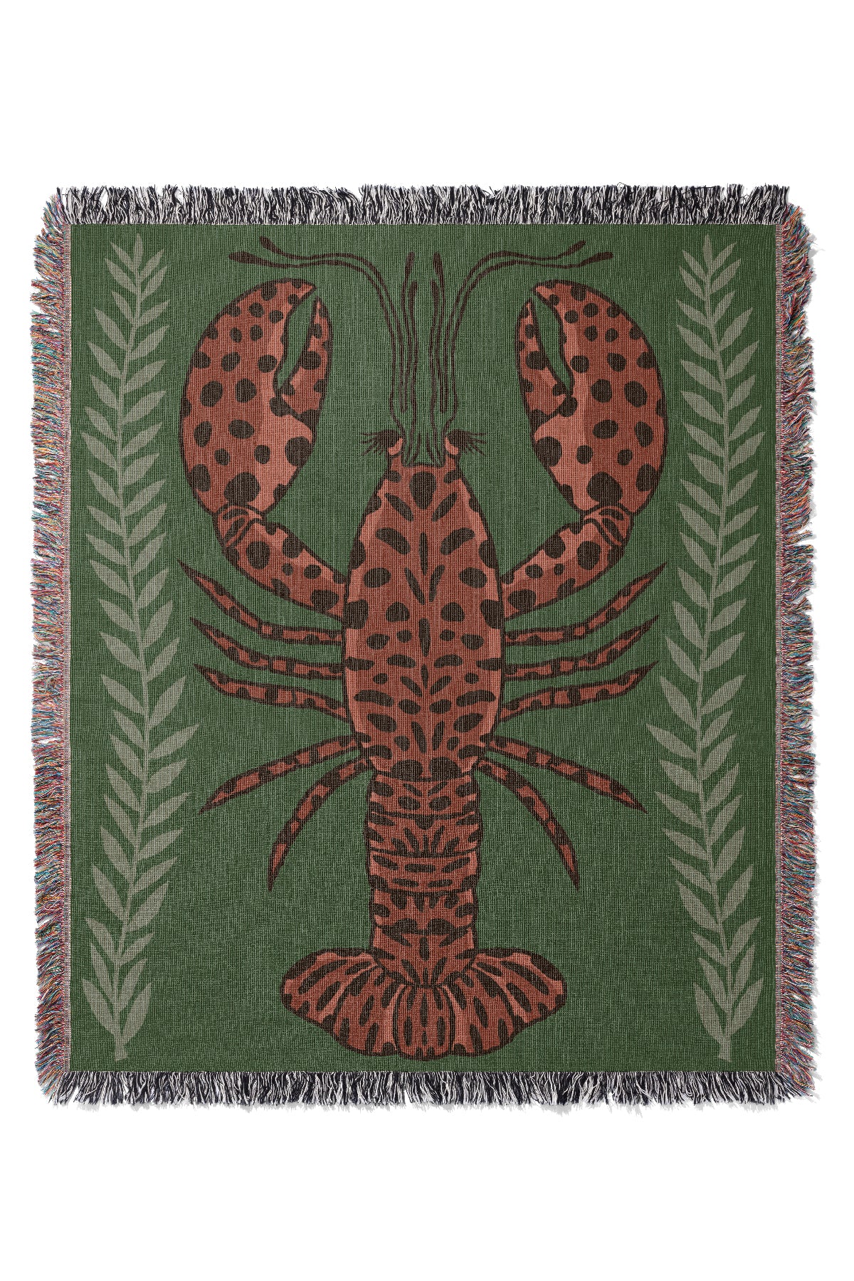 Lobster jacquard woven blanket with a red lobster with light green plants on a green base