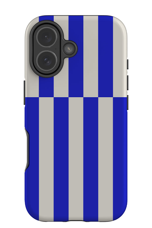 Long Line stripe tough phone case with a shifted linear pattern in azure blue