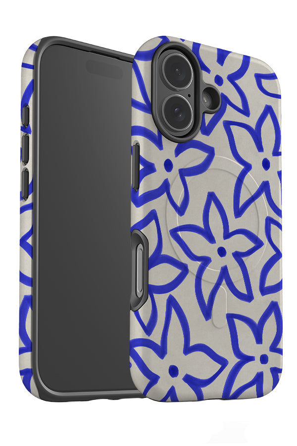 Loose flower MagSafe phone case angle detail with blue hand drawn flowers 